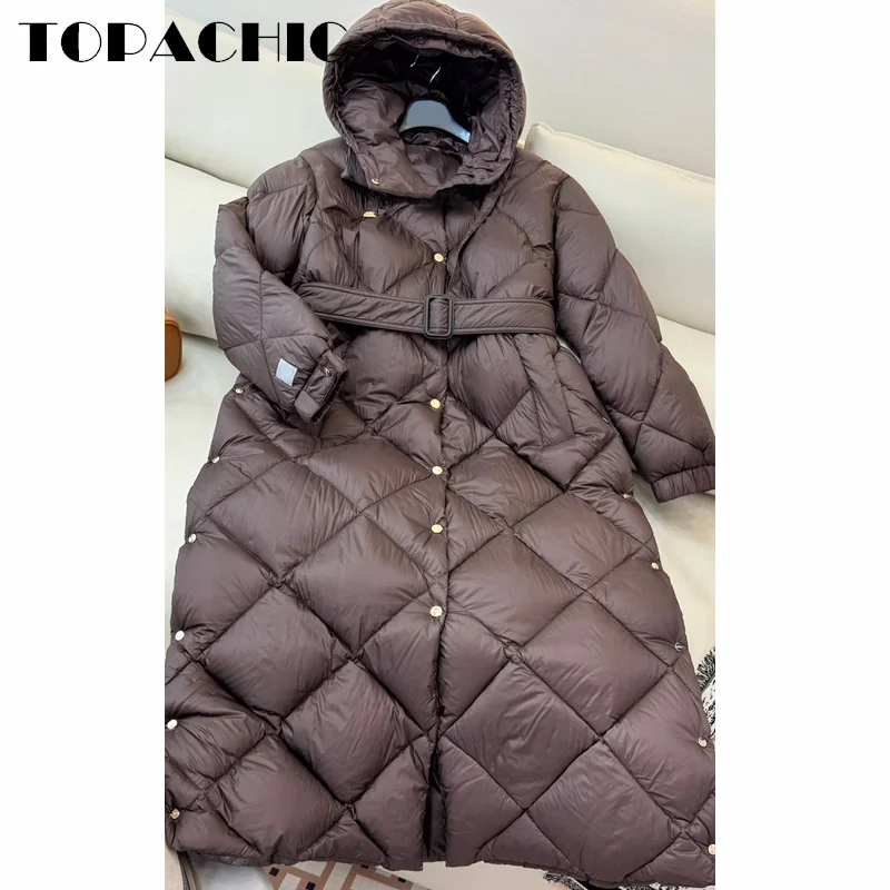 9.5 TOPACHIC-Women White Goose Down Hooded Long Outerwear Quilted Argyle Plaid Single Breasted Side Split Whit Sashes Down Coat