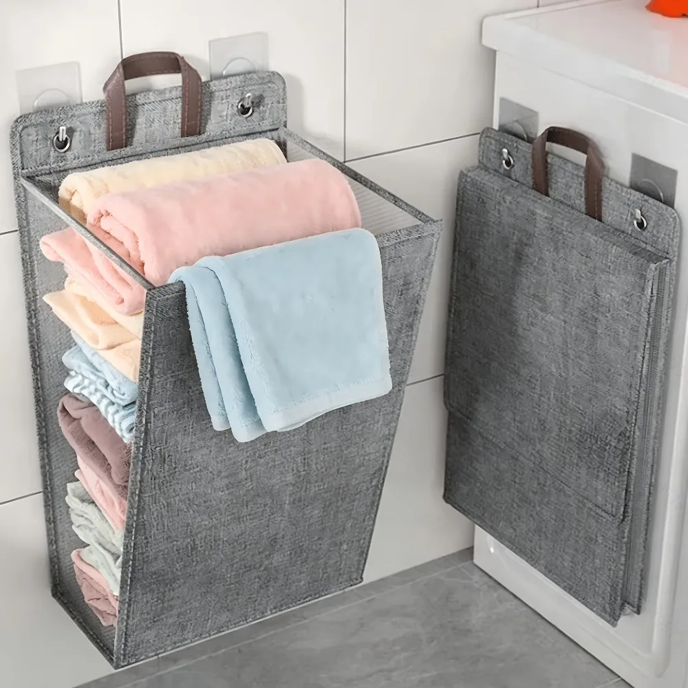1pc Wall-Mounted Folding Laundry Basket with Lid, Oxford Cloth Space-Saving Storage Bin for Bathroom Bedroom Living Room - view 3