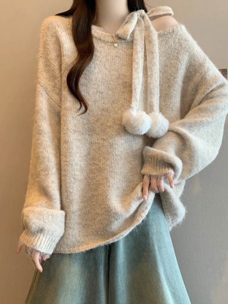 

Модный вязаный свитер с открытыми плечами для женщин, весна 2026, свободный, стройнящий, базовый топ, американский стиль