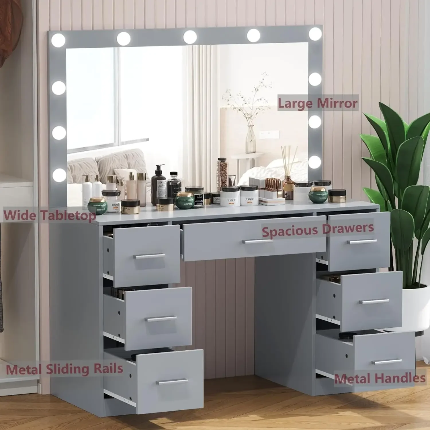 Vanity Table, Makeup Table with Lighted Mirror, 3 Color Lighting Modes, Brightness Adjustable, Dressing Table with Drawers image 3