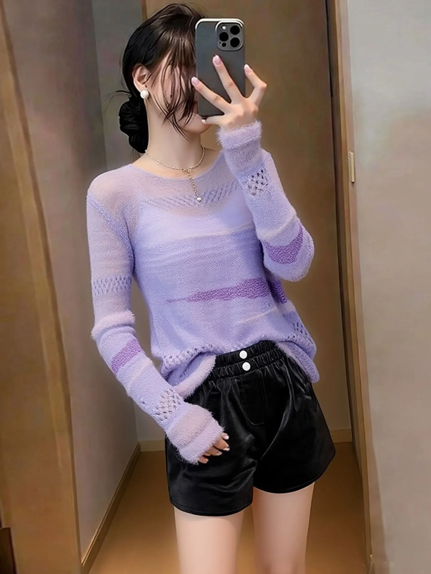 

Вязаный топ с круглым вырезом и длинными рукавами, мягкий, удобный, универсальный, в корейском стиле, для повседневной носки, теплый, стандартный крой.