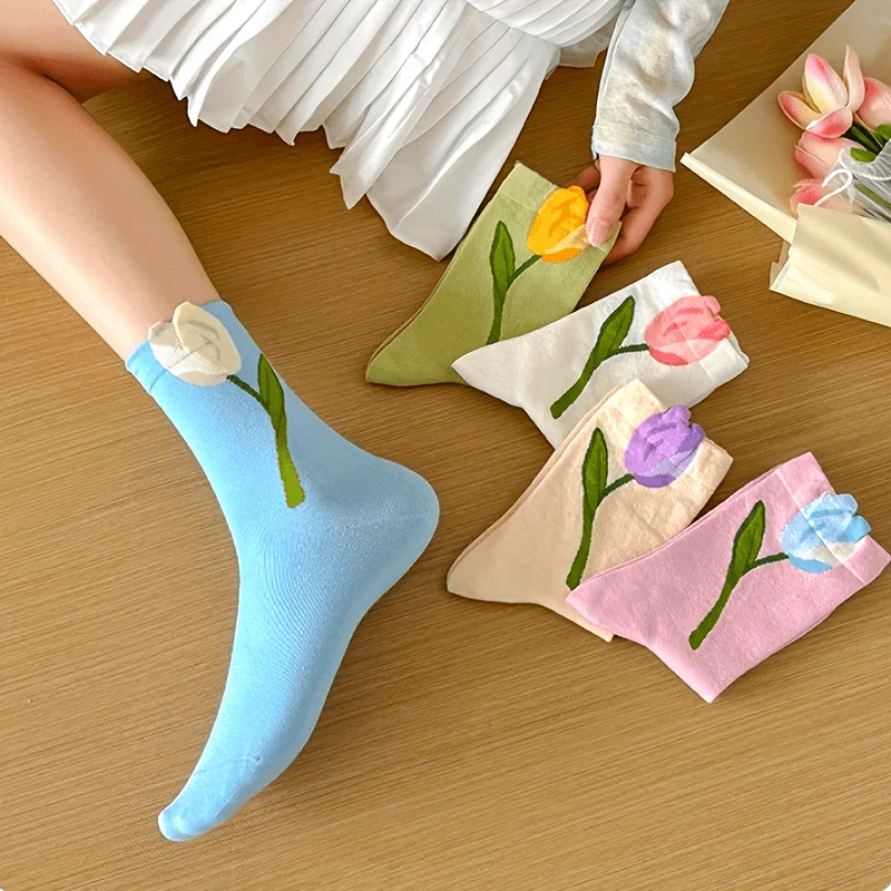 5 Pairs of Women's Socks Three-Dimensional Tulip Pattern Plant Flowers Combed Four Seasons Comfortable and Soft dress sock