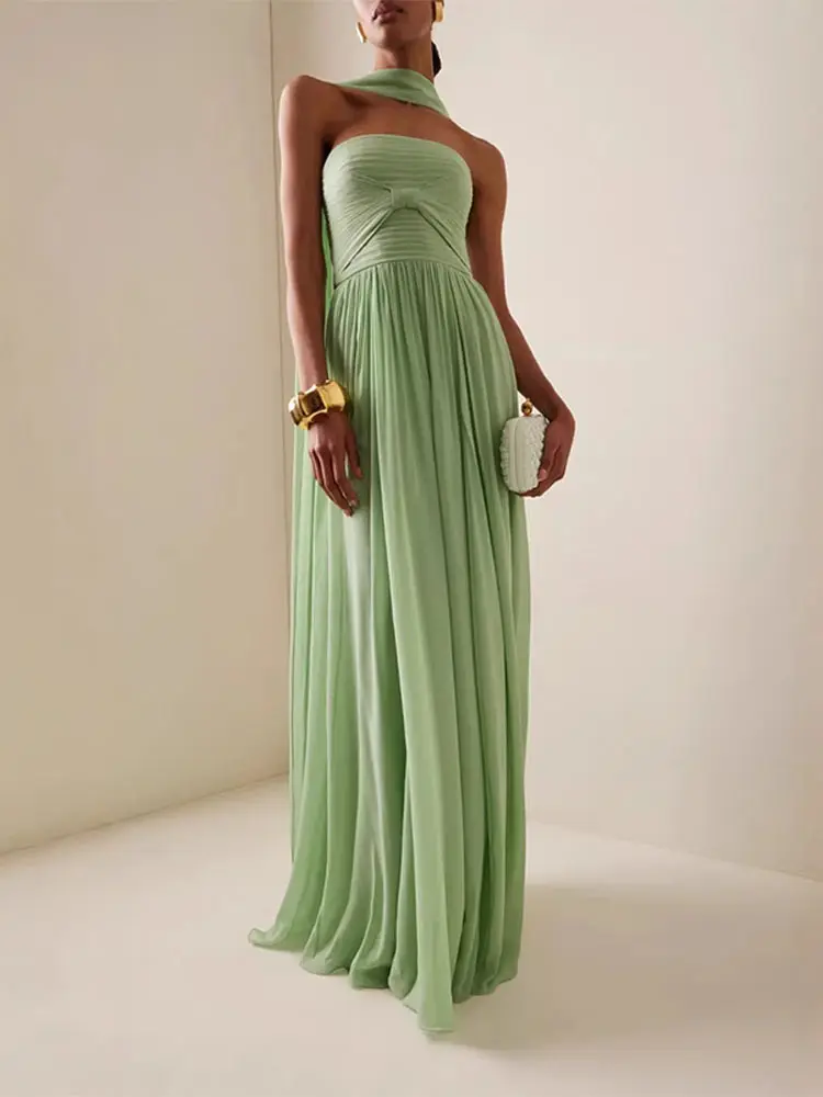 

Elegant Off Shoulder Women's Dress With Ribbon Summer Chic Pleated Green Sleeveless A-line Dresses Female Lady Evening Vestidos