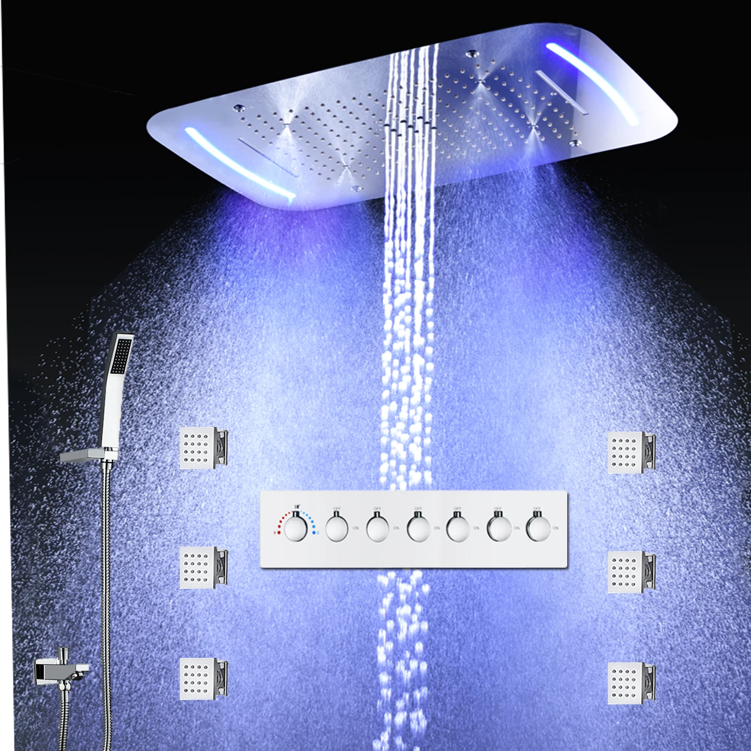 LED Shower Ceiling Large Rainfall Bathroom Thermostatic Faucets Set Waterfall Mist Bubble Showerhead  6 Functions System