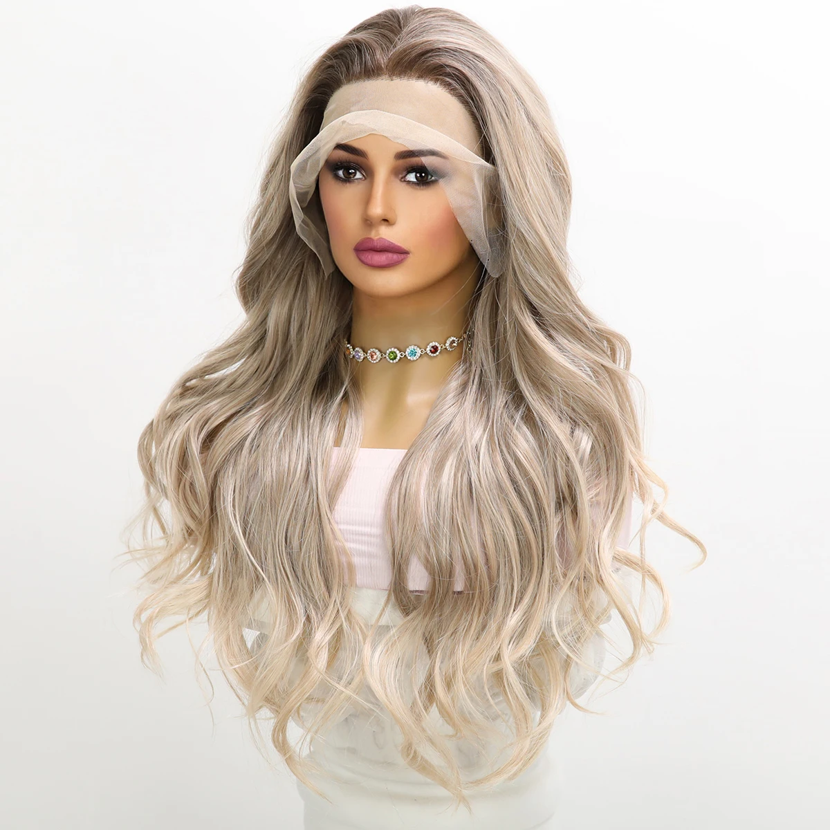 Women\'s Wig Handmade Lace Wig Light Grey Gradient Women\'s Big Wave Curly Wig Daily Party Lolita Cos Wig