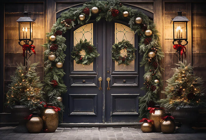 Mehofond-Fondo de Fotografía de Invierno para niños, decoración de retrato familiar, Retro, arco, puerta, nieve, árbol de Navidad, estudio fotográfico