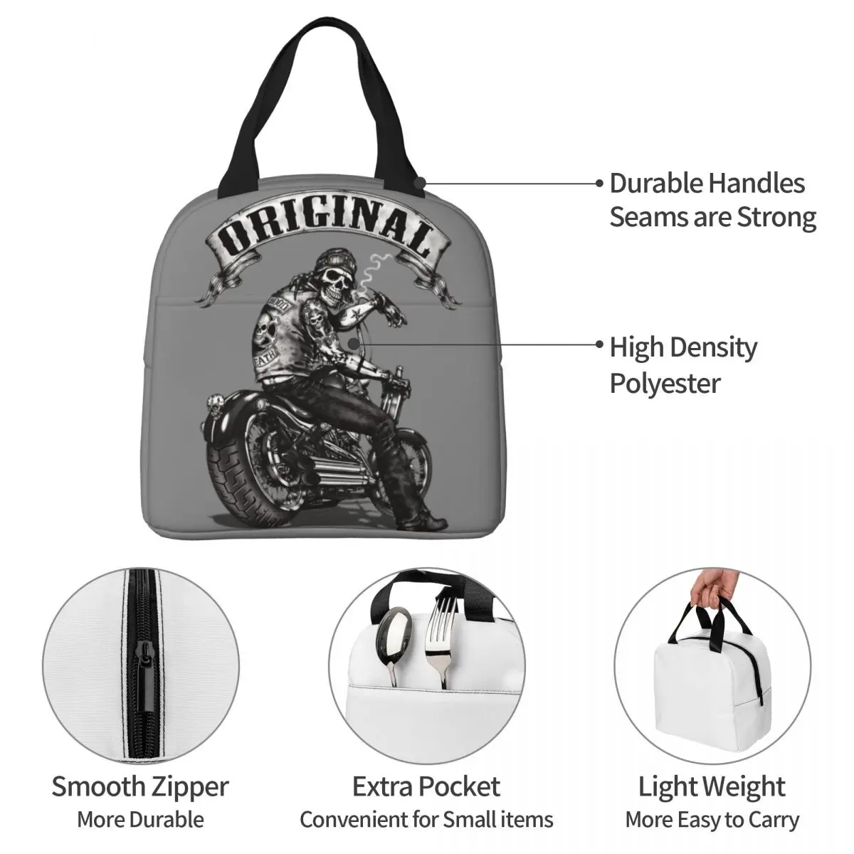 Skull Biker Insulated Lunch Bags Cooler Bag Meal Container Horror Halloween High Capacity Tote Lunch Box Bento Pouch Travel