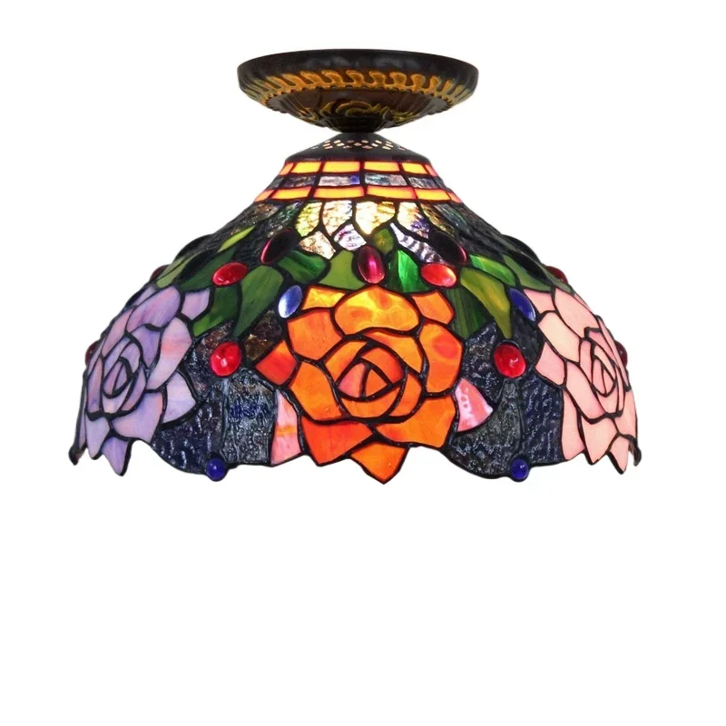 Pastoral rose stained glass dining room bedroom aisle hallway bathroom ceiling lamp