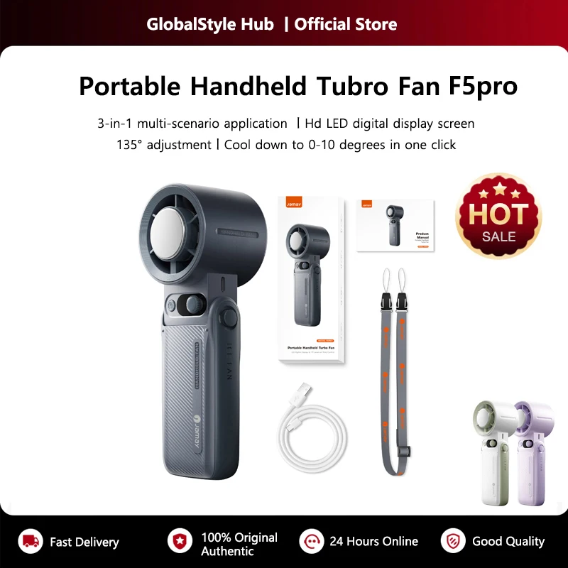 Portable Handheld Turbo Fan 199Gear Strong Wind Speed LED Digital Display 135°Foldable Outdoor 3-in-1 Handheld Fan 6000mAh F5PRO