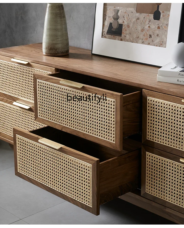 

07Solid Wood Rattan Chest of Drawers Simple Bedroom Cabinet Wall Retro Walnut Color Storage Chest of Drawer furniture
