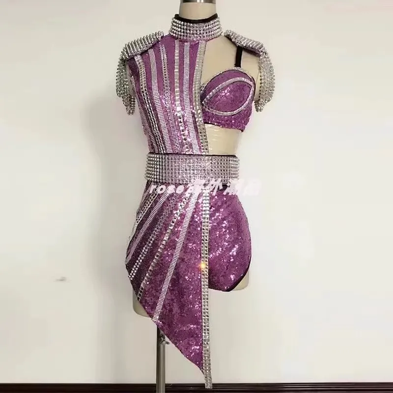 New Purple Shining Diamond Sequins Sexy Hollow Performance Dress Shining Unique Design Magician Stage Bodysuit