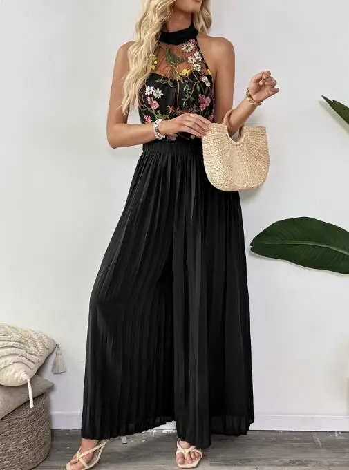 

Fashion Jumpsuit 2025 Summer New Sleeveless Lace Embroidered Patchwork Wide Leg Retro Printed Casual Jumpsuit for Women