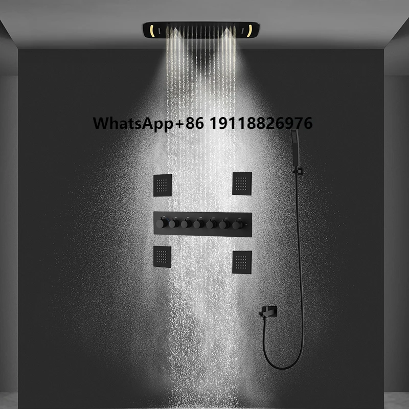 

Luxury Sus304 Bathroom Matter Black Shower Mixer Ceiling Thermostatic Led Shower Set with 4 Body Jet