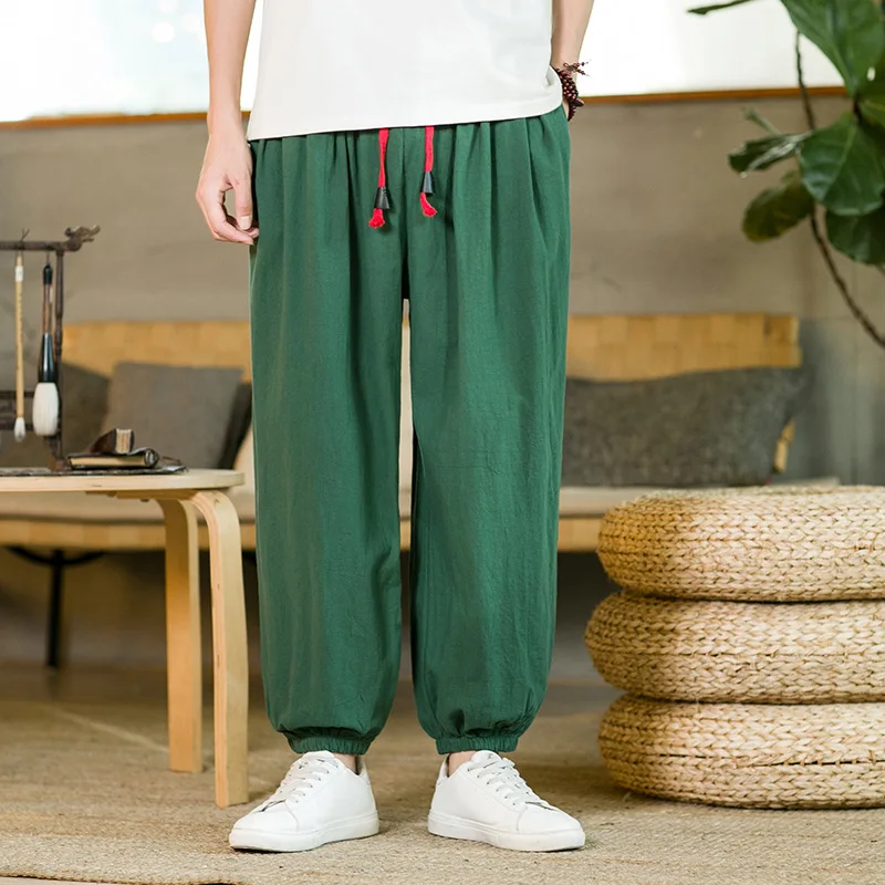 

New 2024 Men's Cotton Linen Breathable Casual Dstring Harlan Lantern Pants Comfortable Lightweight Nine Points Harlan Pants