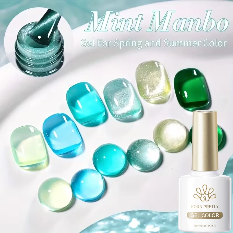 

BORN PRETTY 6pcs Mint Manbo Cat Magnetic Eye Gel Nail Polish Set 10ml Blue Jelly Translucent Soak Off UV Nail Art Manicure