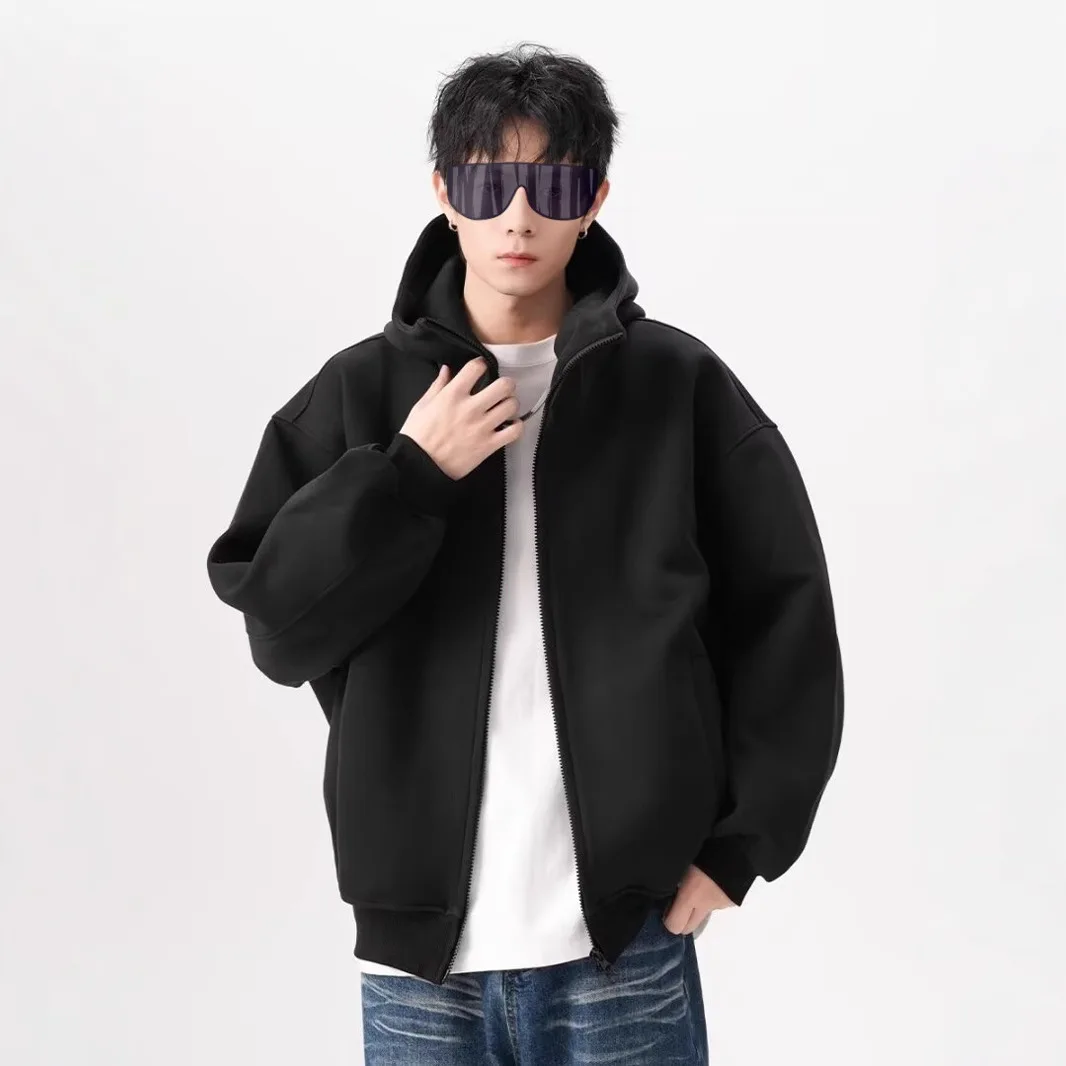 Korean Turtleneck Hoodies for Men Zip Up Hoodies Jacket Autumn Winter Retro Loose Oversized Hooded Sweatshirt Coats Streetwear