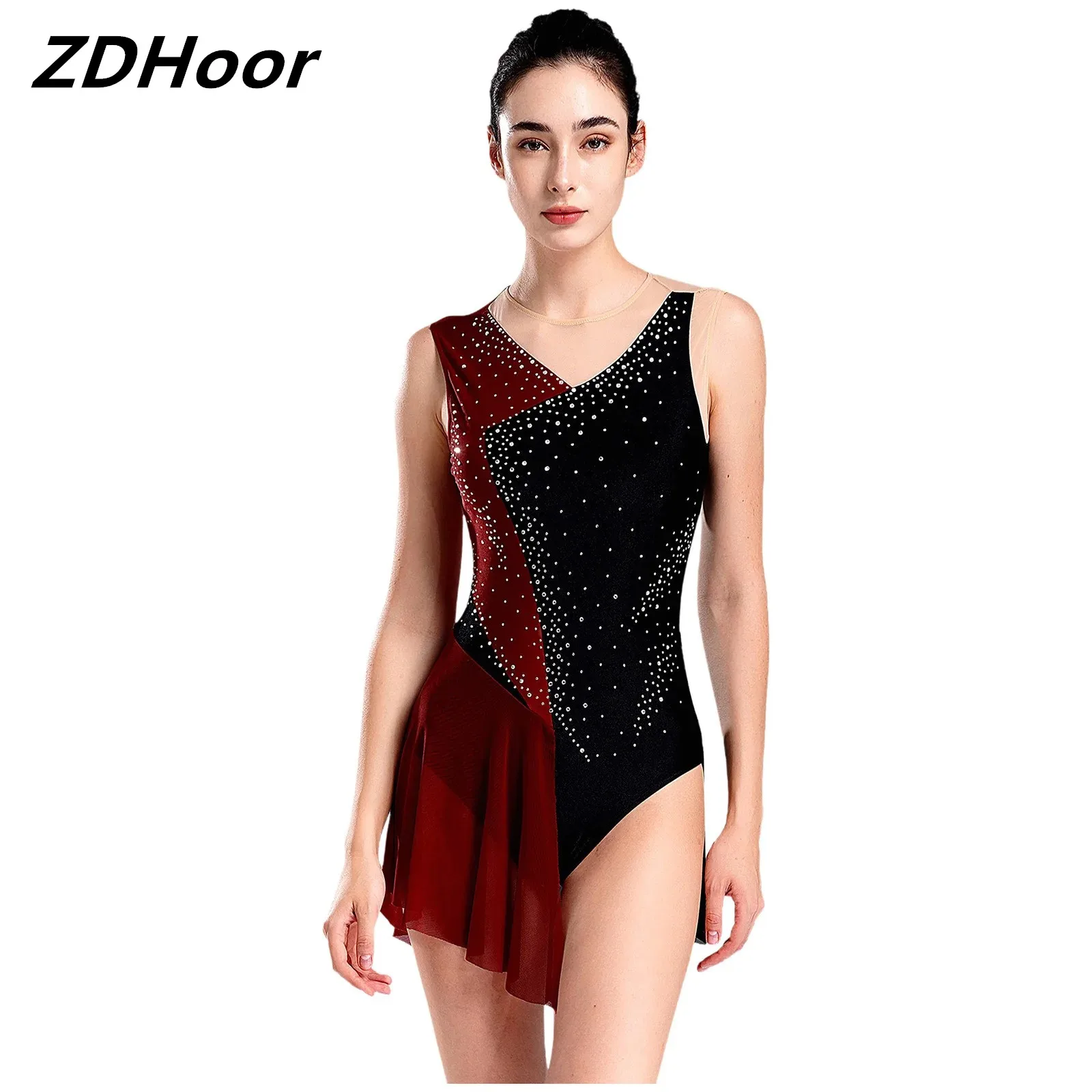 

Womens Patchwork Skirted Leotard Sparkly Rhinestones Color Block Sleeveless Cutout Back Figure Skating Sheer Mesh Dance Leotard