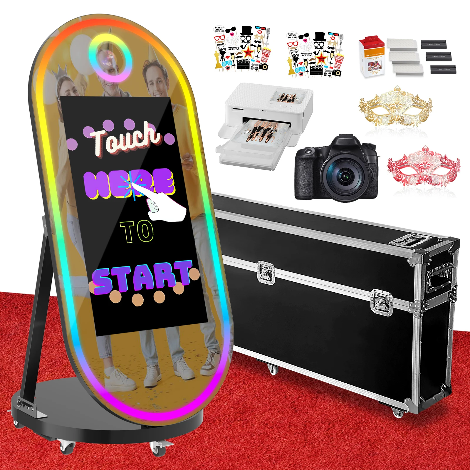 

60-дюймовая фотобудка Magic Mirror с 32-дюймовым сенсорным экраном, встроенным управлением через приложение для мини-ПК, RGB-подсветка для свадеб, вечеринок и мероприятий