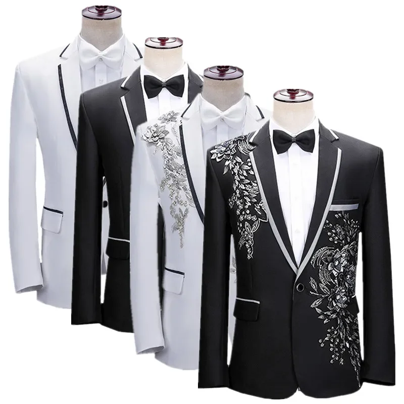 

Black Men Suit Single Button Flower Jacket, White Singer Host Pianist Stage Performance Coats, New Autumn Male Blazers.