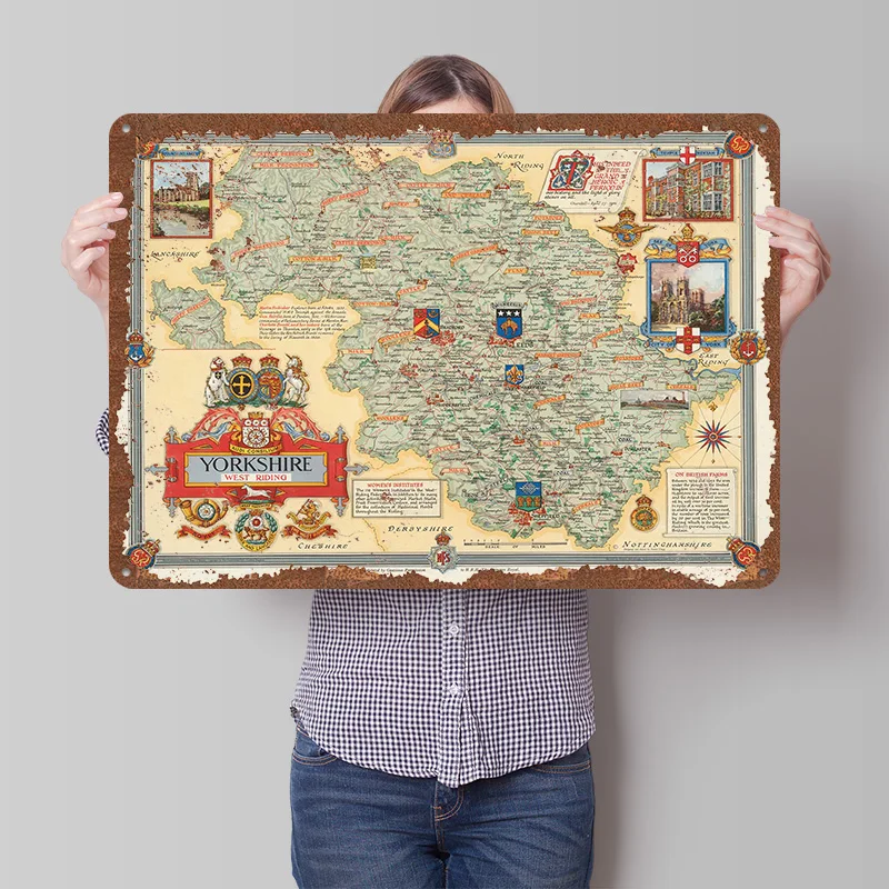 Yorkshire West Riding Vintage Map 1947 Poster Customized Wall Art Vintage Metal Signs Retro Tin Plaque for Man Cave Desk Decor