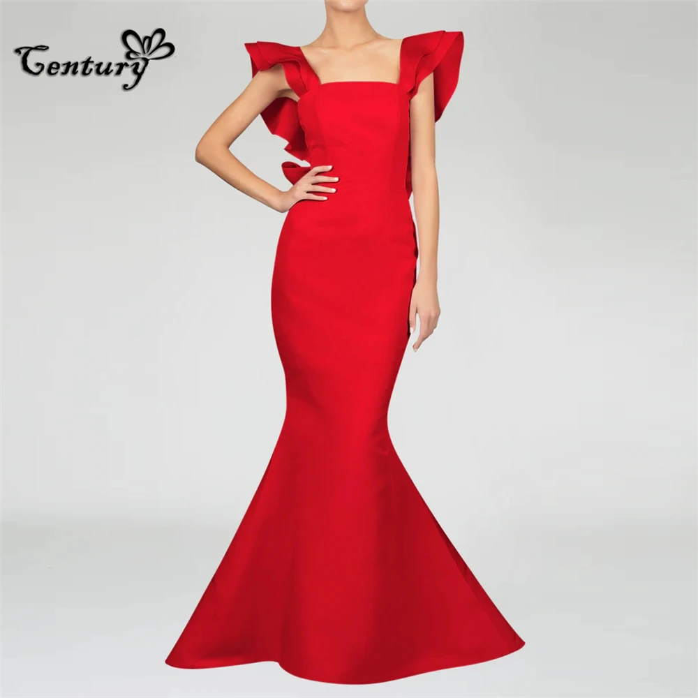 

Red Mermaid Prom Dress 2023 Ruffles Sleeve Square Neck Backless Satin Pageant Evening Gown Robe De Soiree Customized