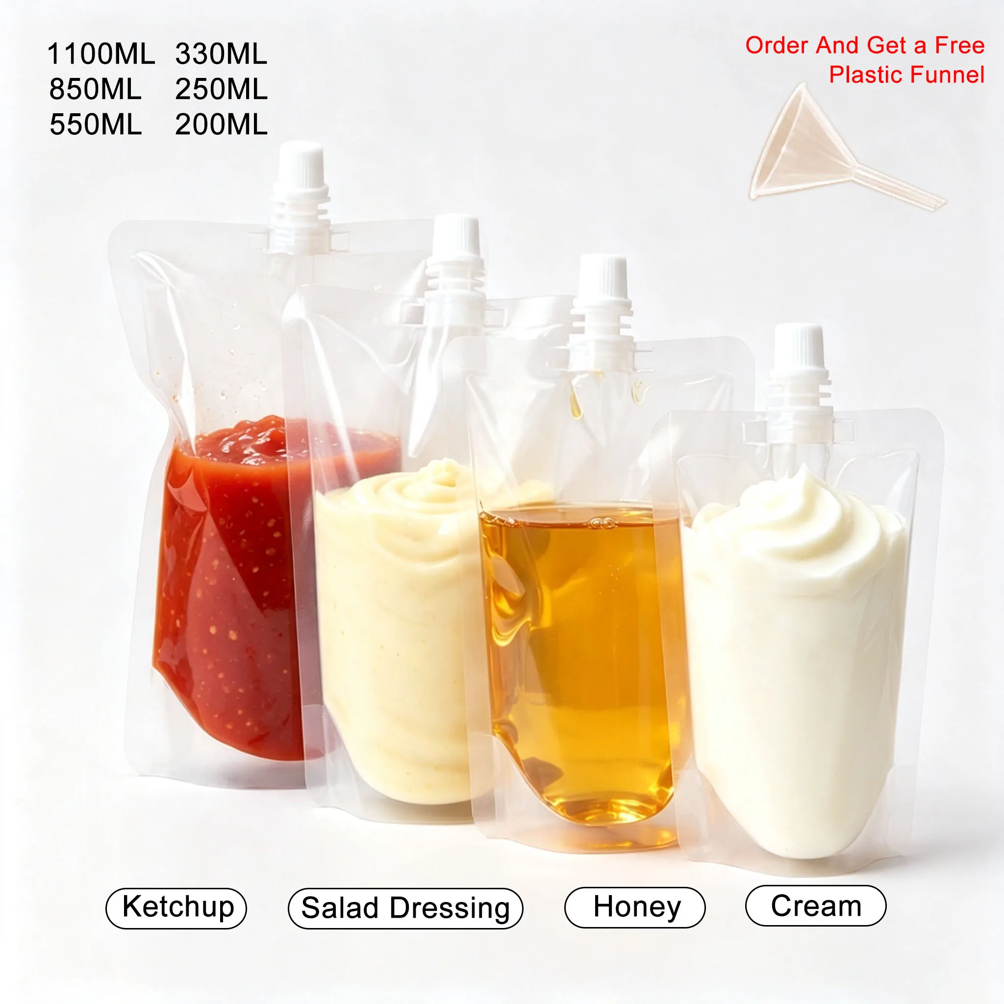 50/100PCS Clear Stand Up Plastic Pouch Food Grade Ketchup Salad Dressing Honey Cream Sauce Packaging Bag For Liquid