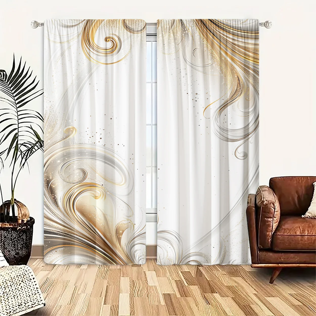 Metallic Swirl Glitter Window Curtain 2 Panels, Shiny Gold Silver Wave Line Print Soft White Tone Bedroom Home Decor Curtain