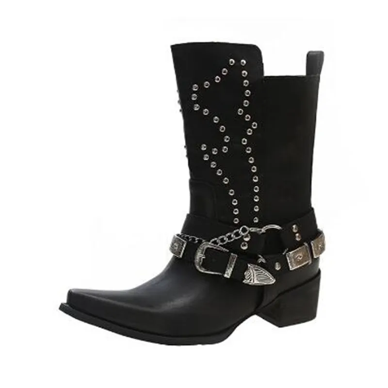 2025 الفاخرة خمر رعاة البقر الأحذية الغربية للنساء سلسلة معدنية أحذية رعاة البقر موضة الموسيقى مهرجان النساء أحذية منتصف العجل الأحذية #3