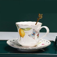 European Ceramic Lemon Butterfly Coffee Cup and Saucer Set with Spoons