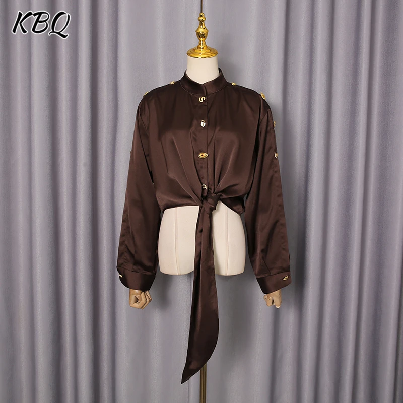 

KBQ Solid Patchwork Buttons Chic Blouses for Women Stand Collar Long Sleeve Spliced Lace Up Vintage Short Top Female Autumn New