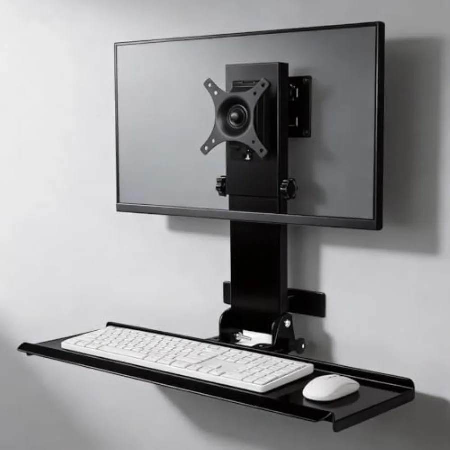 All-in-One Monitor Wall Mount with Keyboard Tray for Mac mini/Small PCs Steel Black Fits 17-32 VESA 75/100 Screens Foldable 26