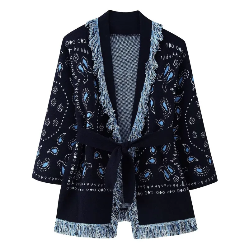 

Women's Knitted Jacquard Cardigan Jacket Autumn Winter Fashion Casual Printing Dark Blue Comfortable Warm Tie Up V Collar Jacket
