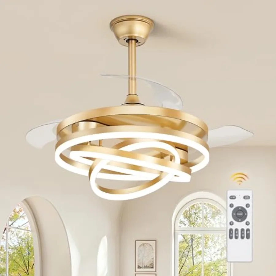Bedroom and living room ceiling fan with lights, gold-finished metal, 42-inch retractable fandelier, 6-speed DC motor, 3000K600