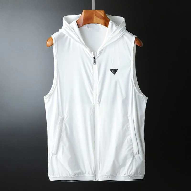 Summer Vests Breathable Thin Casual Hooded Vest Men's Sleeveless Cardigan Elastic Trend Vest Sports Training Waistcoat Tops XXXL