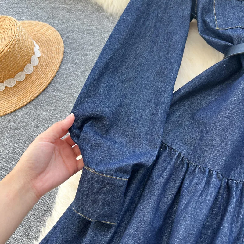 WTHT 2025 Spring Elegant Fashion Single Breasted Waist Hugging Denim Dress Lapel Long Sleeve Wrinkled Dresses Female 1LS814