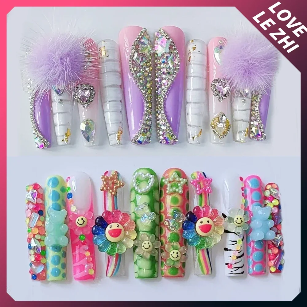 

Long Coffin Ab Diamond Fake Nails French Pink Fashion Star Full Cover Handwork Customize Press On Nails Detachable Party Gift