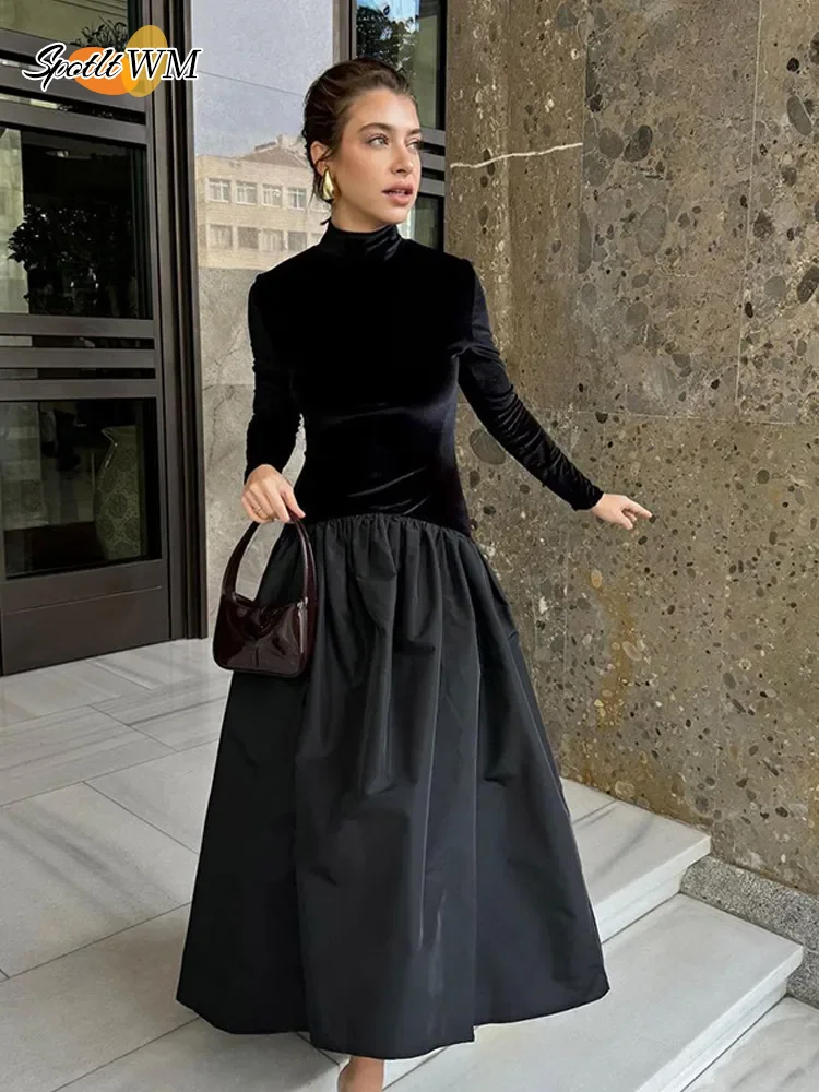 Elegant Velvet Patchwork Pleated Hem Black Maxi Dress Chic Mock Turtleneck Full Sleeve A-line Robes 2024 Winter Lady Party Gowns