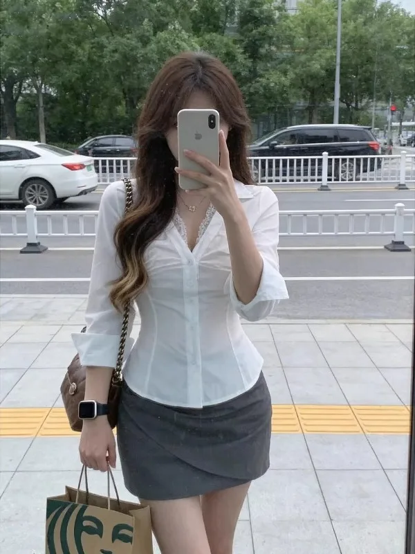 

Женская блузка больших размеров с длинным рукавом, кружевными вставками, белая, летняя, в американском стиле, приталенная, красивая верхняя одежда для женщин