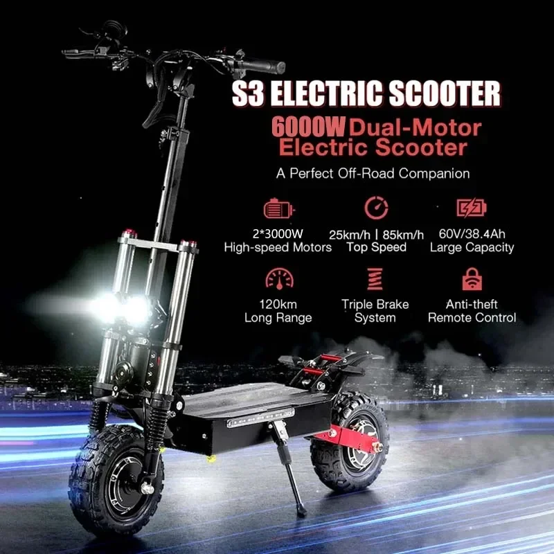 2024 New 6000W 60v 38.4ah Dual Motor Urban Anti-Slip Electric Scooter Max Speed 85-99km/h 11 Inch Off-Road Tires