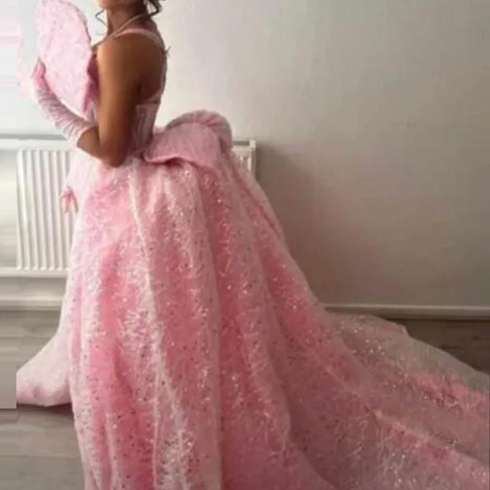 Pink Puffy Lace Prom Dresses With Spaghetti Straps High Low Detachable Train Bow Celebrity Cocktail Party Dress Evening Gowns