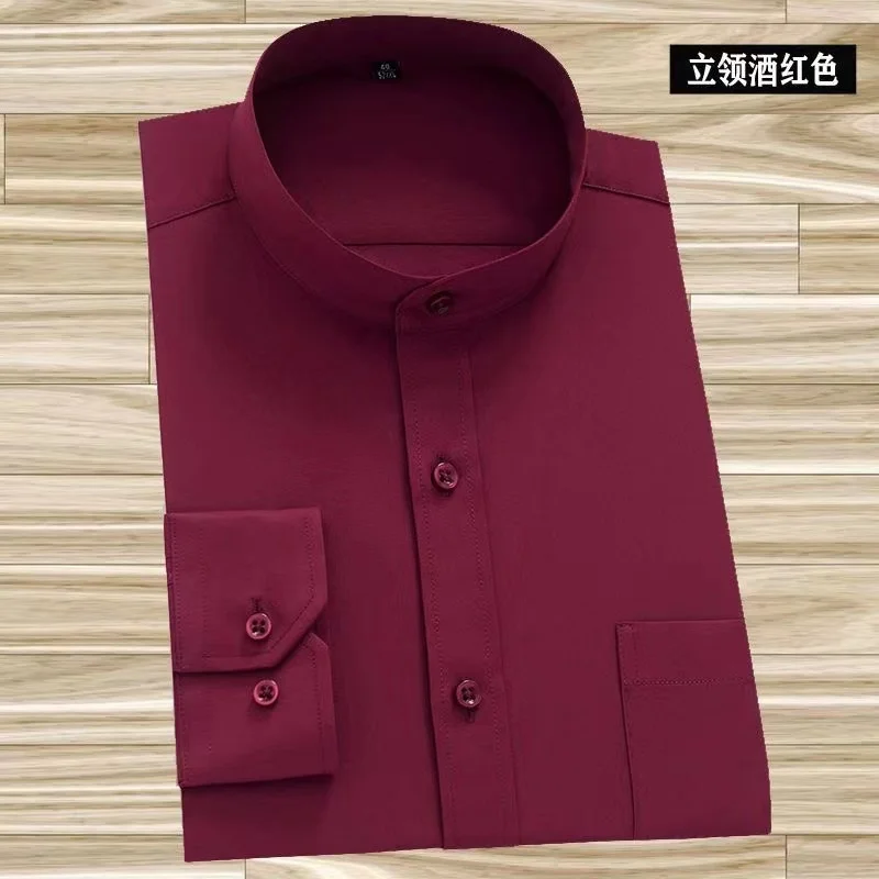 Chinese Mandarin Collar Dress Shirts Men Solid Vintage Stand-Collar Long Sleeve Business Formal Tang Style Plain Shirt