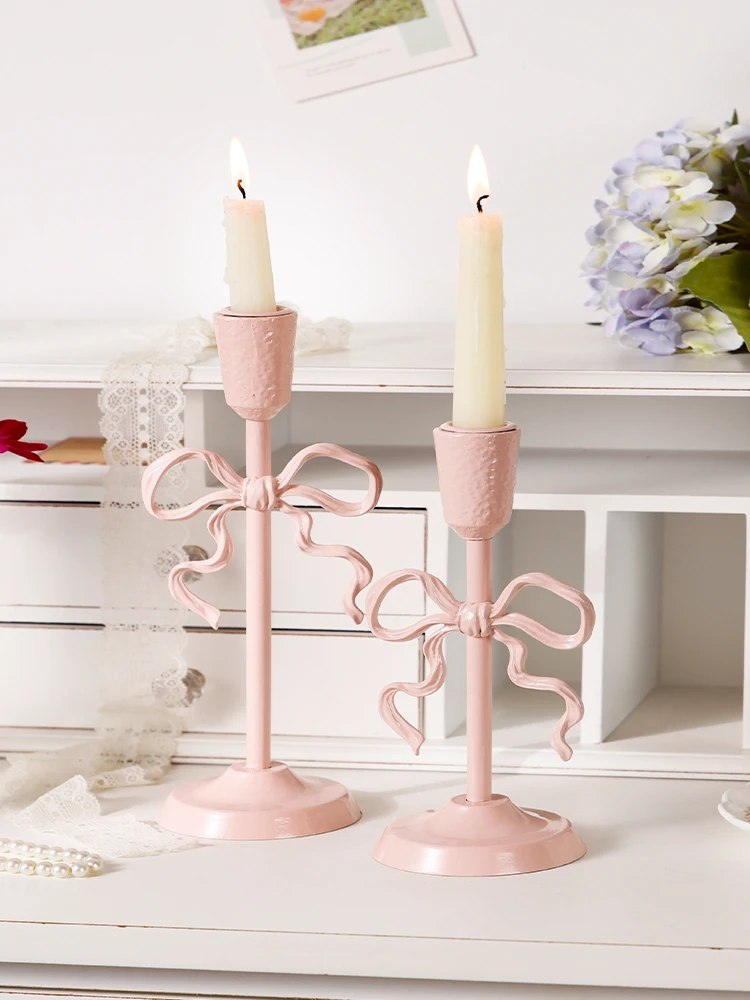 

French candle candle holder ornament romantic pink bow desktop photo background retro artistic sense