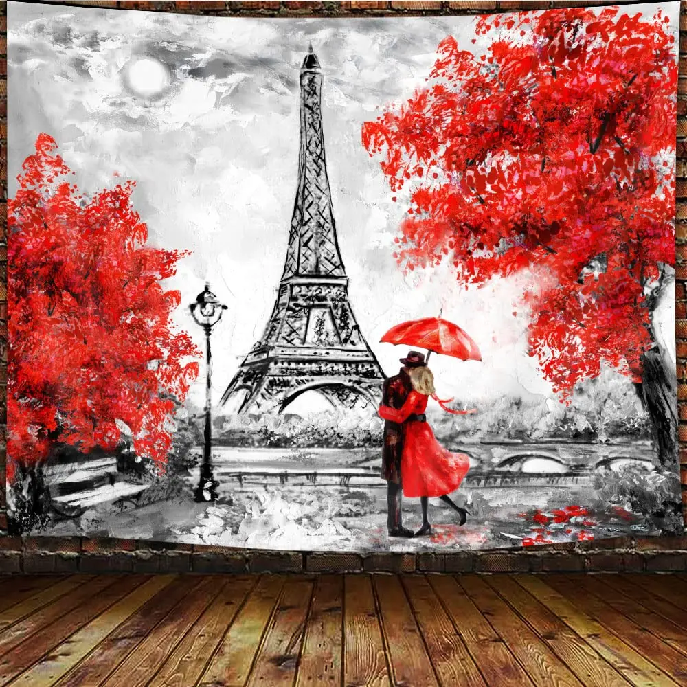 Oil Painting Paris Eiffel Tower Tapestry European City Landscape Wall Hanging Pink Tapestries Living Room Home Wall Decor Cloth