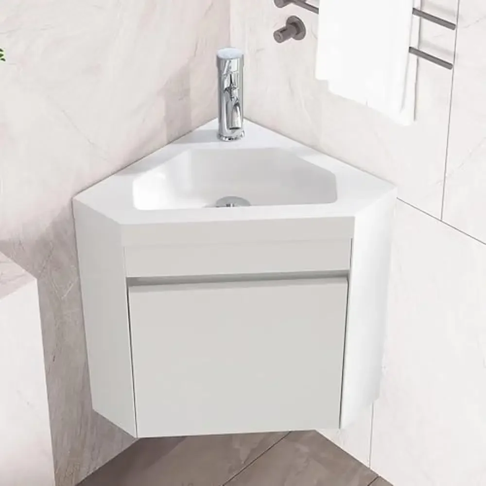 Modern White Wall Mounted Bathroom Vanity Set Resin Basin Sink Chrome Faucet Space Saving Design Easy to Install 16" Small Size