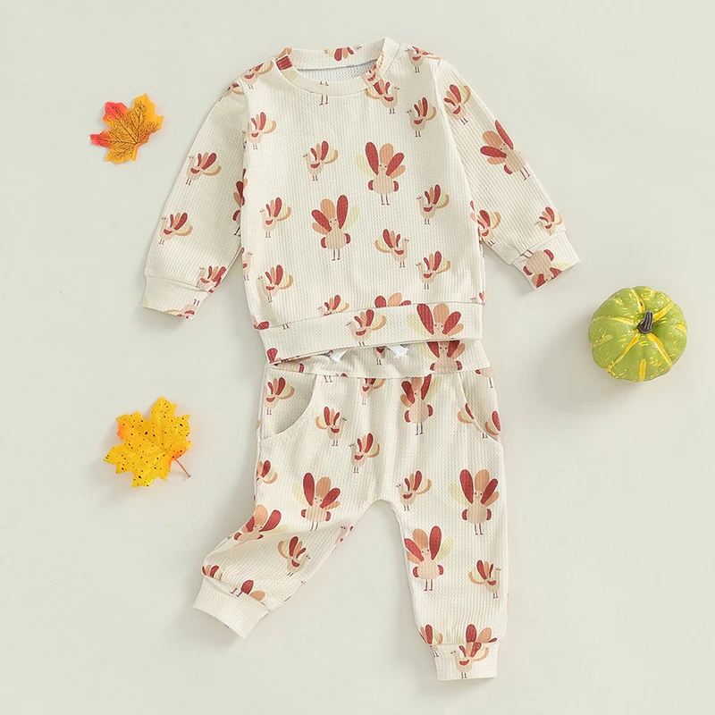 SXYPAYXS-Toddler Thanksgiving Waffle Pants Set Long Sleeve Round Neck Tops Drawstring Pockets Long Pants Turkey Print Outfits