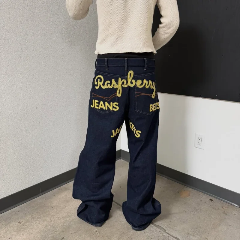Calça jeans baggy vintage Y2K Harajuku, folgada, com perna larga, streetwear retrô com estampa de letras, casual, unissex, azul.