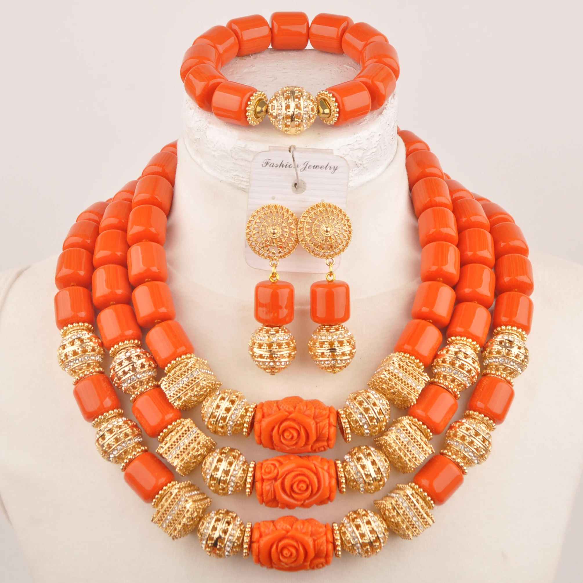 Costume Jewelry Set Orange Artificial Coral Bead African Necklace