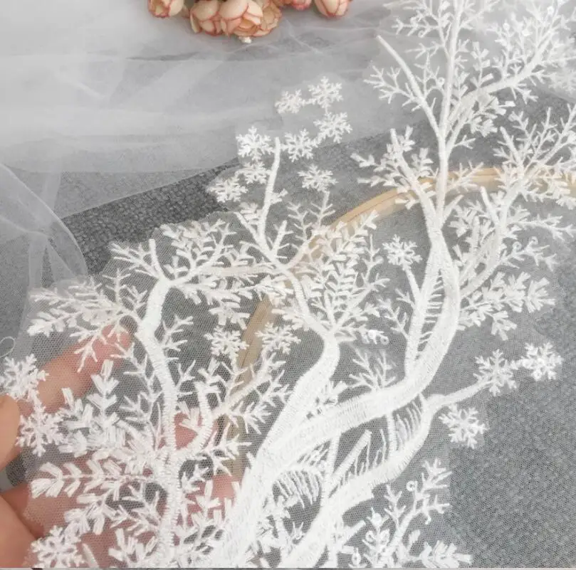 Cotton Thread Snowflake Sequins Lace Fabric, Ivory White Applique, Wedding Dress Accessories, Handmade DIY, RS185, 4Pcs, 2Pair