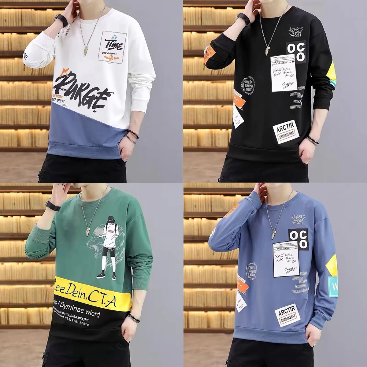 

Men's Autumn Winter Round Neck Long Sleeved Two-Color Printed Letter Pattern Top T-shirt Young Couples Three Styles