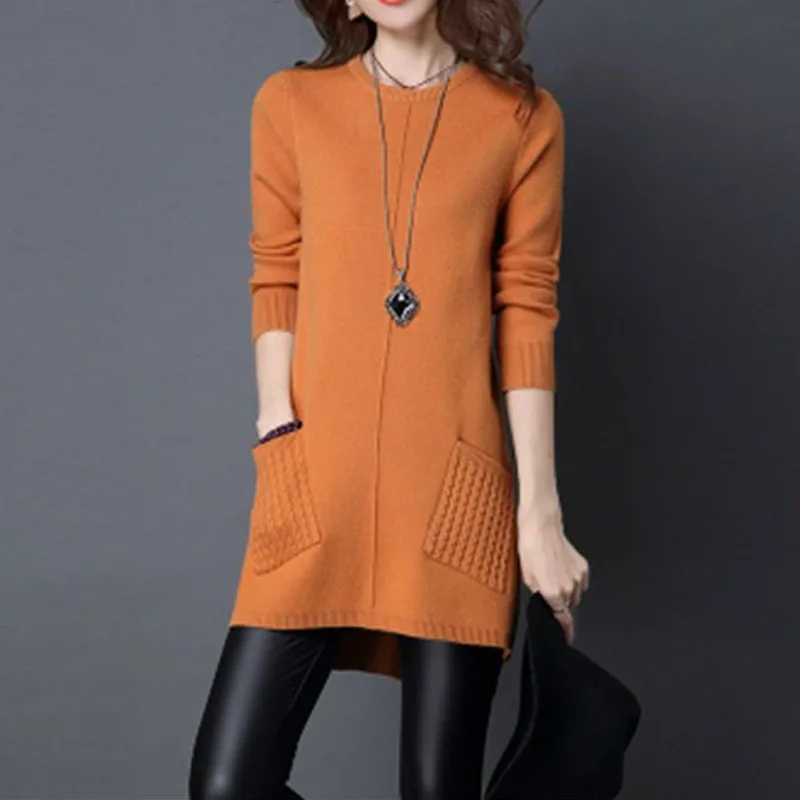 O-Neck Medium Length Solid Pullover Two Pockets Sweaters Straight Loose Waist Hem Split Fork Button Women\'s Clothing Thick Wild